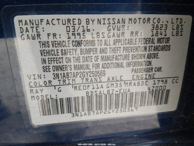 Aukcja sprzedaży 2016 Nissan Sentra S, vin: 3N1AB7AP2GY250569, numer aukcji: 45931090