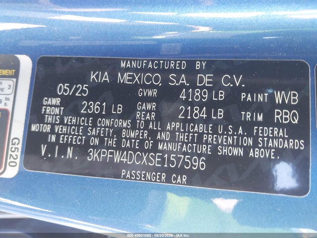 Aukcja sprzedaży 2025 Kia K4 Gt-line Turbo, vin: 3KPFW4DCXSE157596, numer aukcji: 45931095