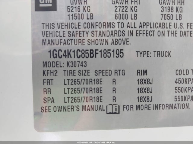 45931102 :رقم المزاد ، 1GC4K1C85BF185195 vin ، 2011 Chevrolet Silverado 3500hd Ltz مزاد بيع