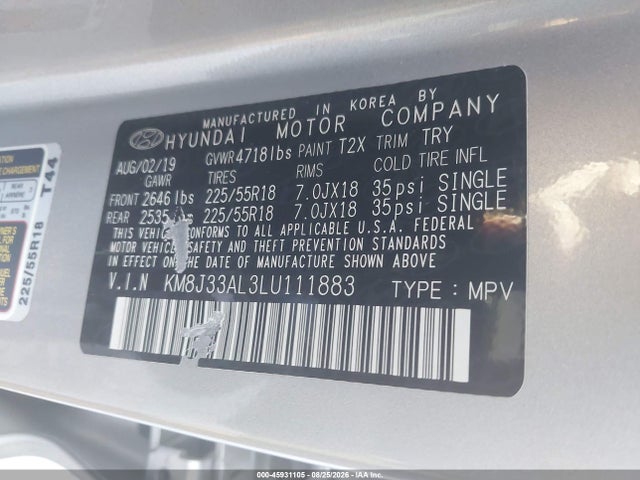 Aukcja sprzedaży 2020 Hyundai Tucson Ultimate, vin: KM8J33AL3LU111883, numer aukcji: 45931105