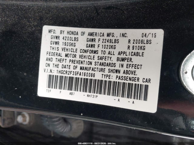 Honda ACCORD LX 2015 1HGCR2F35FA160086 Image 9