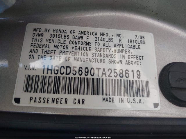 1996 Honda Accord Value მანქანა იყიდება აუქციონზე, vin: 1HGCD5690TA258619, აუქციონის ნომერი: 45931125