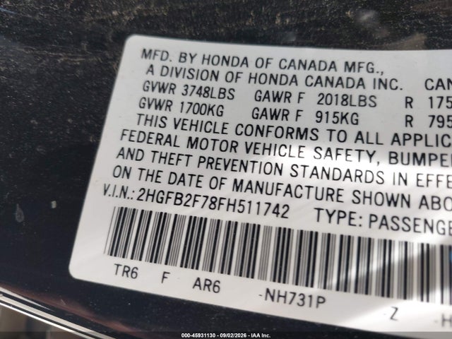 Продажа на аукционе авто 2015 Honda Civic Se, vin: 2HGFB2F78FH511742, номер лота: 45931130