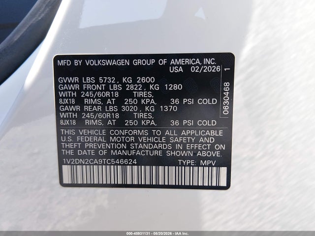 Продажа на аукционе авто 2026 Volkswagen Atlas Se, vin: 1V2DN2CA9TC546624, номер лота: 45931131