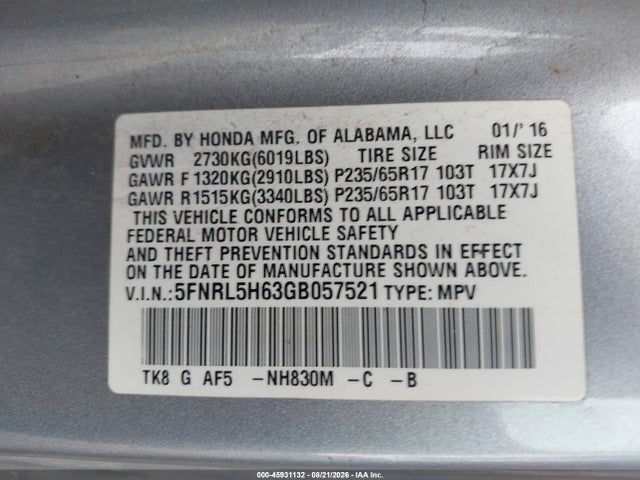 Продаж на аукціоні авто 2016 Honda Odyssey Ex-l, vin: 5FNRL5H63GB057521, номер лоту: 45931132