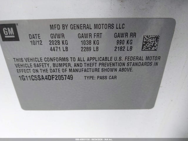 2013 Chevrolet Malibu 1lt მანქანა იყიდება აუქციონზე, vin: 1G11C5SA4DF205749, აუქციონის ნომერი: 45931135