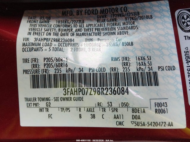 2008 Ford Fusion Se მანქანა იყიდება აუქციონზე, vin: 3FAHP07Z98R236084, აუქციონის ნომერი: 45931155