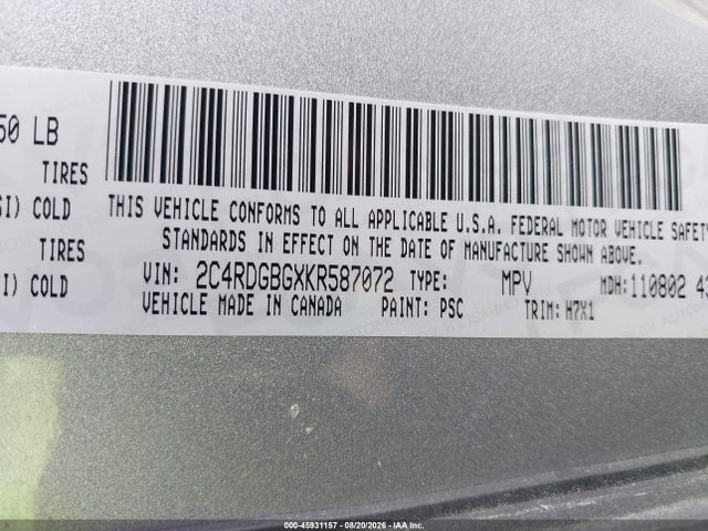 2019 Dodge Grand Caravan Se მანქანა იყიდება აუქციონზე, vin: 2C4RDGBGXKR587072, აუქციონის ნომერი: 45931157