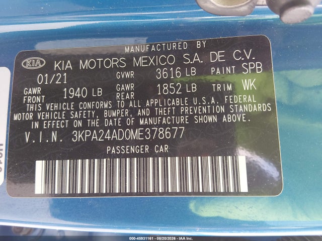 45931161 :رقم المزاد ، 3KPA24AD0ME378677 vin ، 2021 Kia Rio S مزاد بيع