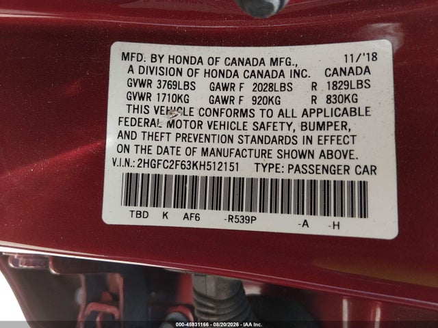 Aukcja sprzedaży 2019 Honda Civic Lx, vin: 2HGFC2F63KH512151, numer aukcji: 45931166