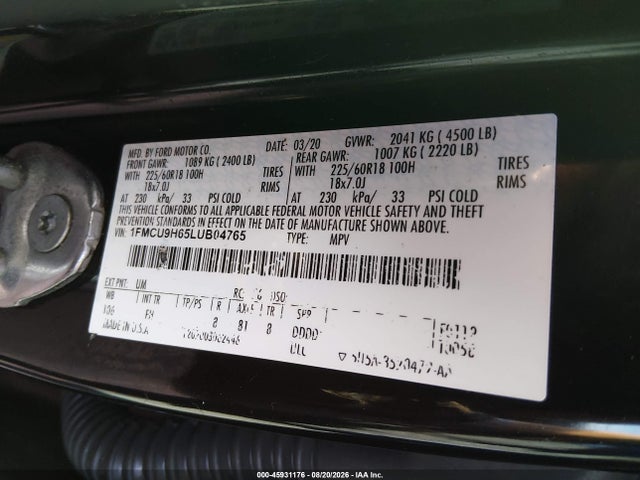 2020 Ford Escape Sel მანქანა იყიდება აუქციონზე, vin: 1FMCU9H65LUB04765, აუქციონის ნომერი: 45931176