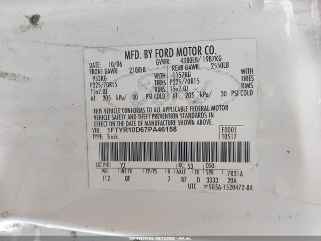 45931194 :رقم المزاد ، 1FTYR10D67PA46158 vin ، 2007 Ford Ranger Stx/xl/xlt مزاد بيع