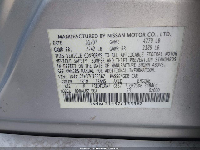 45931201 :رقم المزاد ، 1N4AL21E37C155562 vin ، 2007 Nissan Altima 2.5 S مزاد بيع
