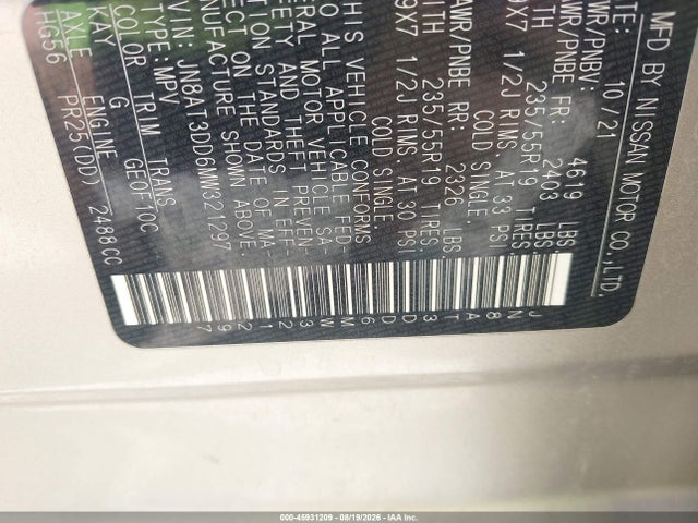 2021 Nissan Rogue Platinum Intelligent Awd მანქანა იყიდება აუქციონზე, vin: JN8AT3DD6MW321297, აუქციონის ნომერი: 45931209