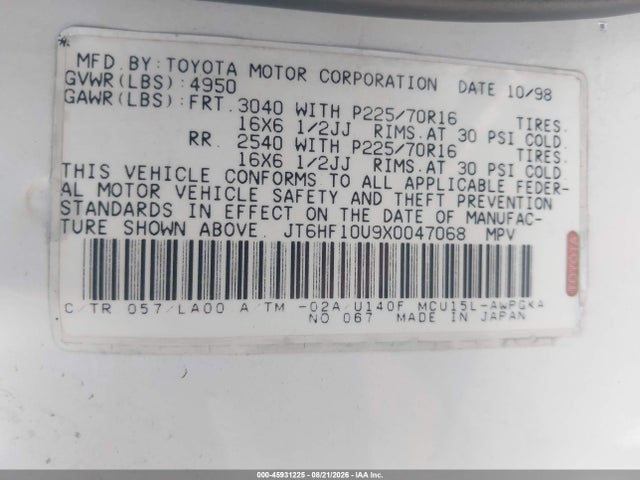 Продаж на аукціоні авто 1999 Lexus Rx 300, vin: JT6HF10U9X0047068, номер лоту: 45931225