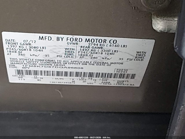 Продаж на аукціоні авто 2013 Ford Explorer Xlt, vin: 1FM5K7D87DGA96808, номер лоту: 45931230