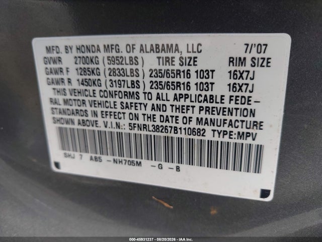 Продажа на аукционе авто 2007 Honda Odyssey Lx, vin: 5FNRL38267B110682, номер лота: 45931237