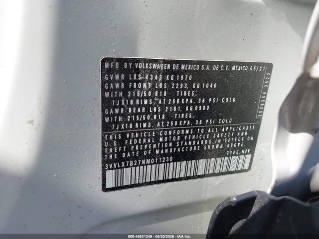 Продажа на аукционе авто 2022 Volkswagen Taos 1.5t Se, vin: 3VVLX7B27NM011230, номер лота: 45931249