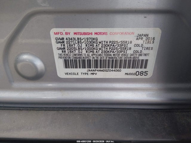Продажа на аукционе авто 2016 Mitsubishi Outlander Sport 2.4 Gt, vin: JA4AP4AW2GZ044060, номер лота: 45931258