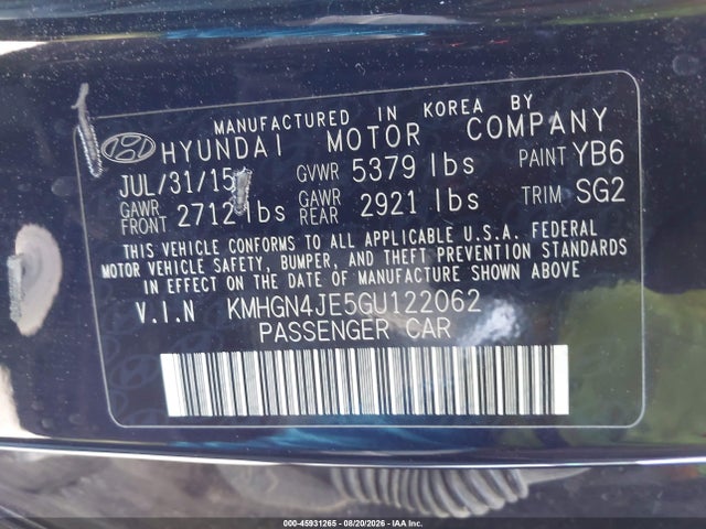 45931265 :رقم المزاد ، KMHGN4JE5GU122062 vin ، 2016 Hyundai Genesis 3.8 مزاد بيع