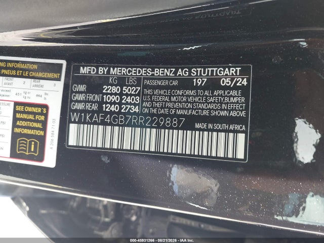 Aukcja sprzedaży 2024 Mercedes-benz C 300, vin: W1KAF4GB7RR229887, numer aukcji: 45931266