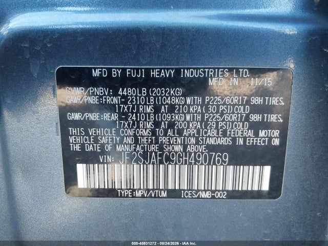 45931272 :رقم المزاد ، JF2SJAFC9GH490769 vin ، 2016 Subaru Forester 2.5i Premium مزاد بيع