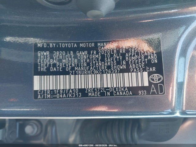 Продажа на аукционе авто 2019 Toyota Corolla L, vin: 2T1BURHE9KC126397, номер лота: 45931285
