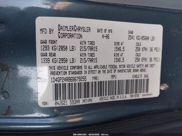 45931291 :رقم المزاد ، 1D4GP24R86B679255 vin ، 2006 Dodge Grand Caravan Se مزاد بيع