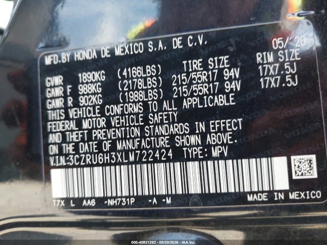 3CZRU6H3XLM722424 Honda Hr-v Awd Lx