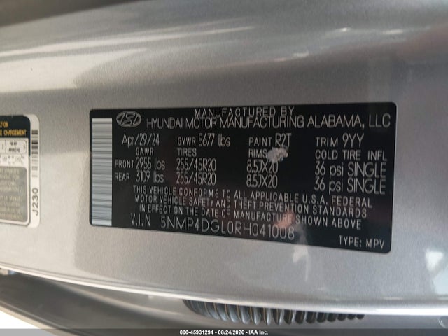 2024 Hyundai Santa Fe Limited მანქანა იყიდება აუქციონზე, vin: 5NMP4DGL0RH041008, აუქციონის ნომერი: 45931294