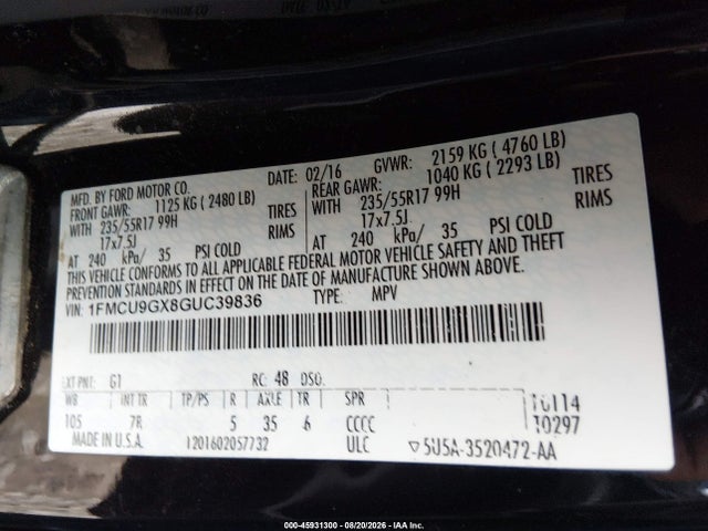 45931300 :رقم المزاد ، 1FMCU9GX8GUC39836 vin ، 2016 Ford Escape Se مزاد بيع