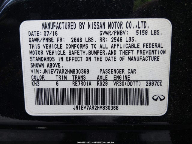 Продаж на аукціоні авто 2017 Infiniti Q50 3.0t Premium, vin: JN1EV7AR2HM830368, номер лоту: 45931302