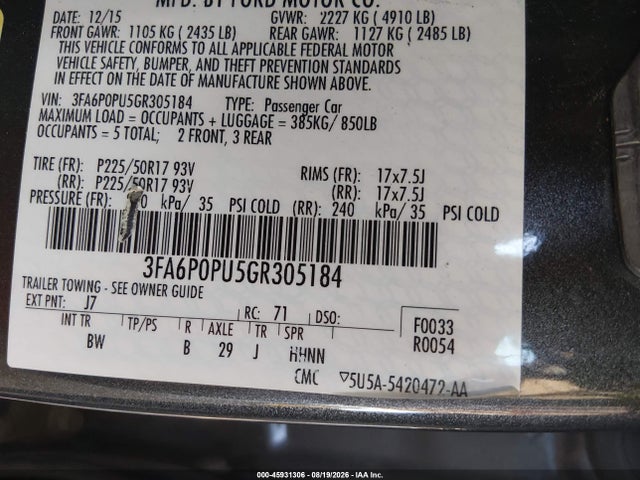 3FA6P0PU5GR305184 Ford Fusion Energi Se Luxury