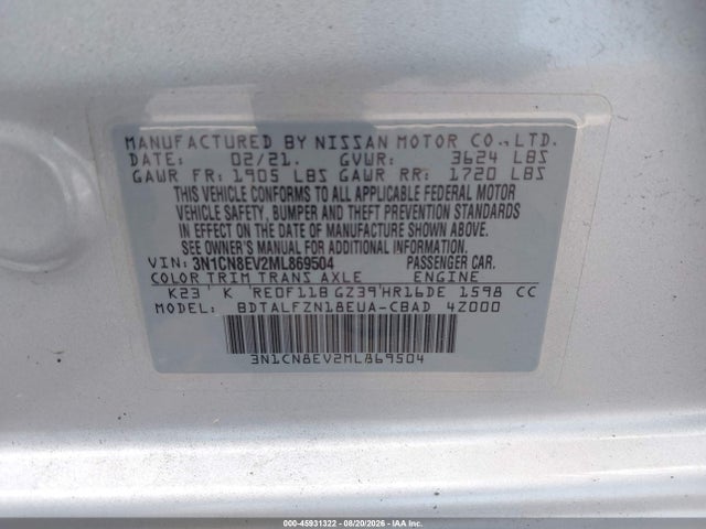Aukcja sprzedaży 2021 Nissan Versa Sv Xtronic Cvt, vin: 3N1CN8EV2ML869504, numer aukcji: 45931322