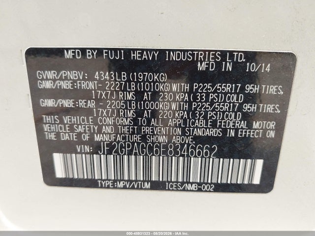 45931323 :رقم المزاد ، JF2GPAGC6E8346662 vin ، 2014 Subaru Xv Crosstrek 2.0i Limited مزاد بيع