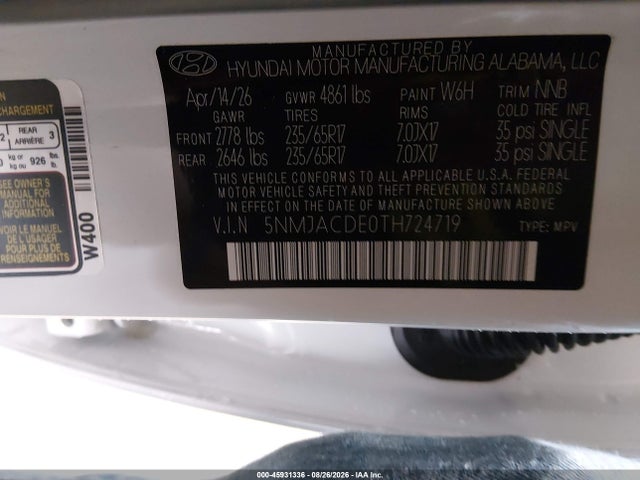 Aukcja sprzedaży 2026 Hyundai Tucson Se, vin: 5NMJACDE0TH724719, numer aukcji: 45931336