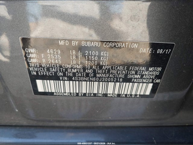 45931337 :رقم المزاد ، 4S3BNEN60J3005218 vin ، 2018 Subaru Legacy 3.6r Limited مزاد بيع