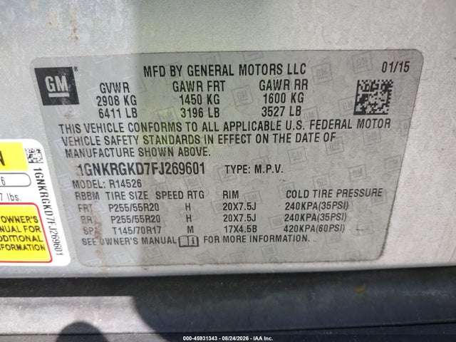 2015 Chevrolet Traverse Lt მანქანა იყიდება აუქციონზე, vin: 1GNKRGKD7FJ269601, აუქციონის ნომერი: 45931343