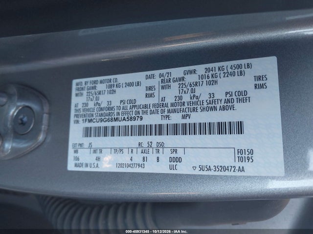Aukcja sprzedaży 2021 Ford Escape Se, vin: 1FMCU9G68MUA58979, numer aukcji: 45931345
