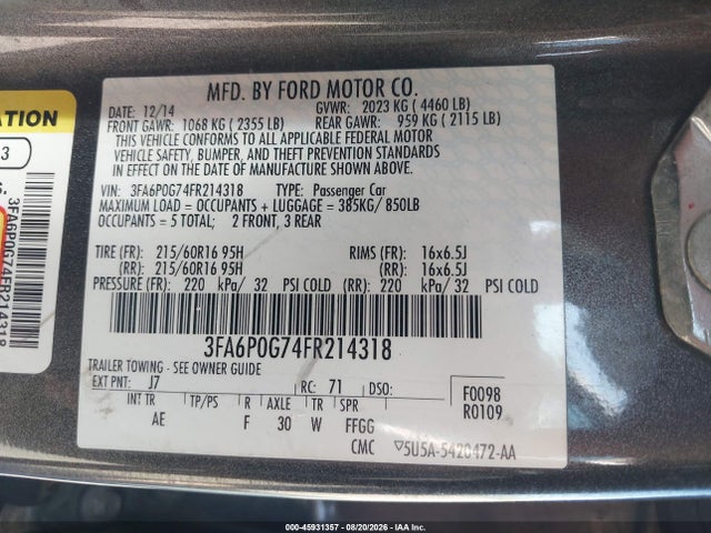 Продажа на аукционе авто 2015 Ford Fusion S, vin: 3FA6P0G74FR214318, номер лота: 45931357