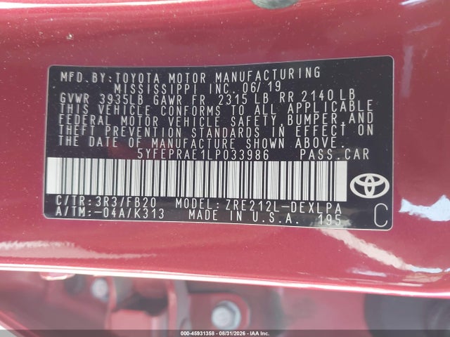 45931358 :رقم المزاد ، 5YFEPRAE1LP033986 vin ، 2020 Toyota Corolla Le مزاد بيع