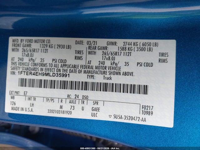 Aukcja sprzedaży 2021 Ford Ranger Xlt, vin: 1FTER4EH9MLD35991, numer aukcji: 45931360