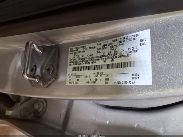 2019 Ford Escape Se მანქანა იყიდება აუქციონზე, vin: 1FMCU9GD4KUA80876, აუქციონის ნომერი: 45931365