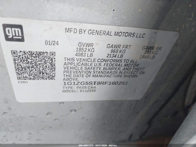45931372 :رقم المزاد ، 1G1ZG5ST8RF160251 vin ، 2024 Chevrolet Malibu Fwd Rs مزاد بيع
