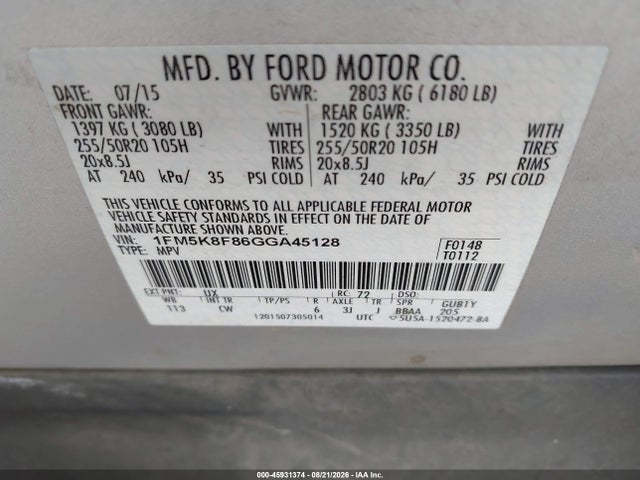 1FM5K8F86GGA45128 Ford Explorer Limited