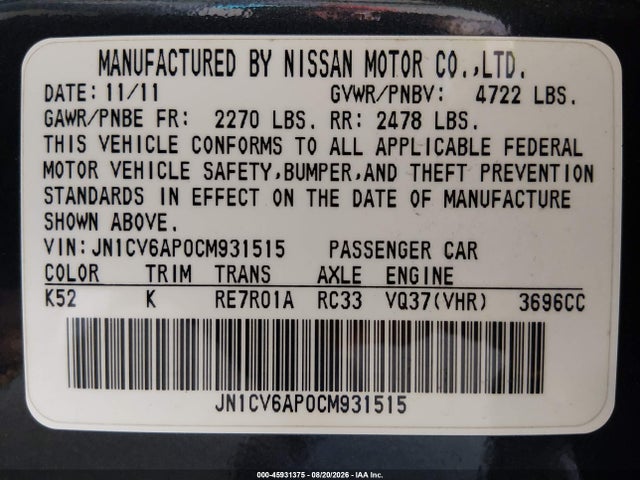 Продаж на аукціоні авто 2012 Infiniti G37 Journey, vin: JN1CV6AP0CM931515, номер лоту: 45931375