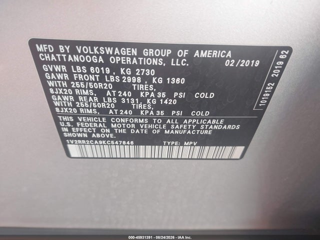 Продажа на аукционе авто 2019 Volkswagen Atlas 3.6l V6 Sel R-line, vin: 1V2RR2CA9KC547846, номер лота: 45931391