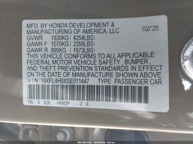 Продаж на аукціоні авто 2025 Honda Civic Hybrid Sport Touring, vin: 19XFL4H9XSE011447, номер лоту: 45931392