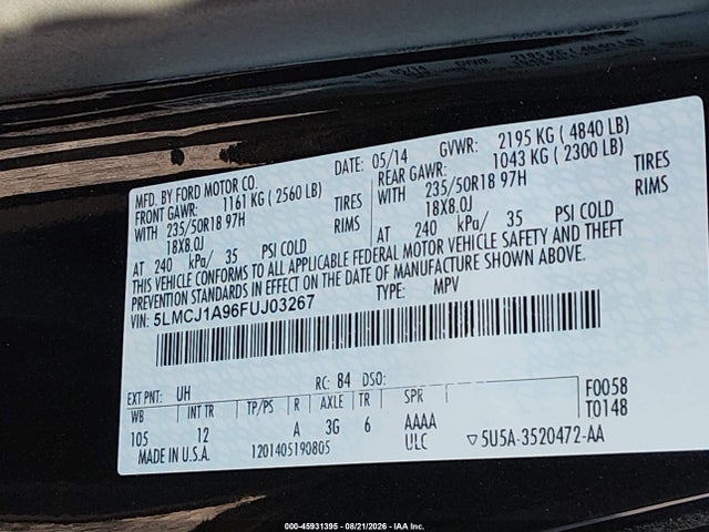 45931395 :رقم المزاد ، 5LMCJ1A96FUJ03267 vin ، 2015 Lincoln Mkc مزاد بيع