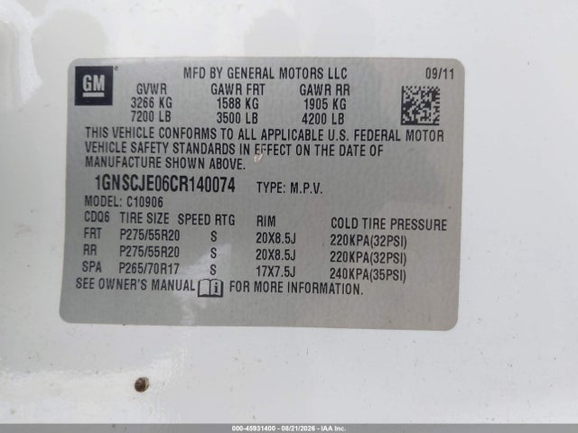 2012 Chevrolet Suburban Lt მანქანა იყიდება აუქციონზე, vin: 1GNSCJE06CR140074, აუქციონის ნომერი: 45931400